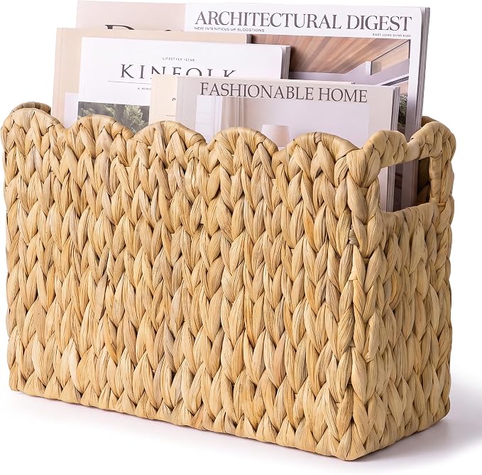 Magazine Holder with Handle, Handwoven Magazine Basket | Decorative Water Hyacinth Wicker Magazine Rack for Books, Files, Newspapers, Book Basket Organizer for Office, Living Room
