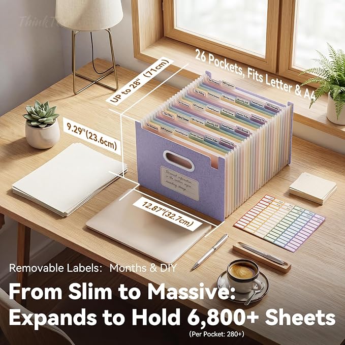 ThinkTex 26-Pocket Accordion File Organizer, Upright Open Top, Letter/A4 | Large Capacity Wheat Straw File Folders, File Organizer for Taxes, Bills, Medical Records, School, Office-Lavender Purple