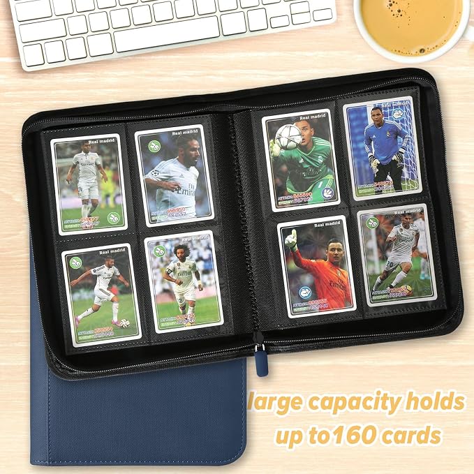 4 Pocket Ringless Side Loading Trading Card Binder, 160 Cards PU Fixed Page Zipper Card Album for TCG Sports Game Cards, Not Fit Top Loaders (Blue)