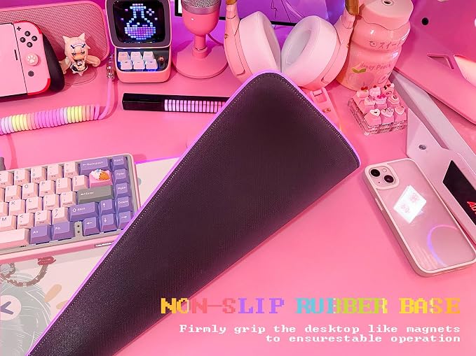 JMIYAV Pink RGB Gaming Mouse Pad 31.5x12 Inch Cute Mousepad PC XL Large Extended Glowing Led Light Up Desk Pad Non-Slip Rubber Base Computer Mat Desk Accessories Gaming Setup Happy Fuzzies