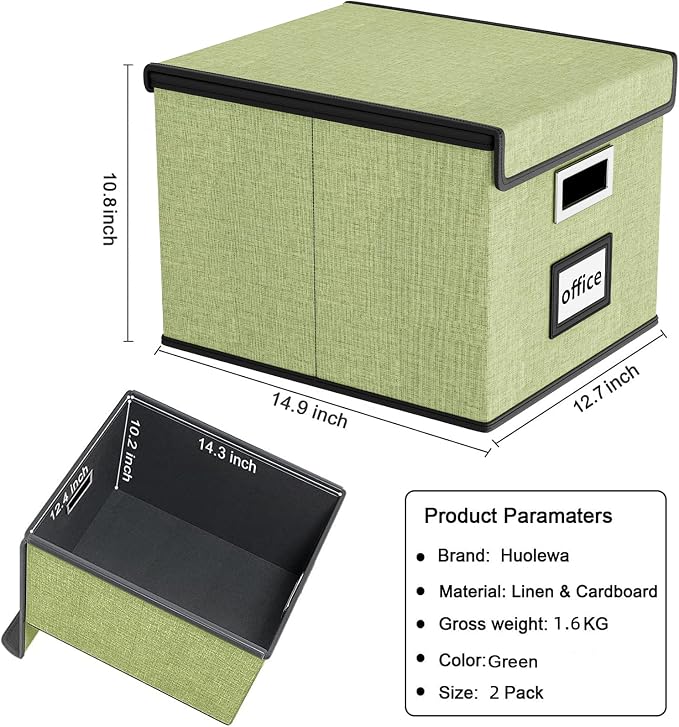 File Organizer Box with Lids, Collapsible File Folder Organizer | File Box with Plastic Slides for Document, Filing Bin for Letter Size Hanging File Folders (2 Pack, Dark Green)