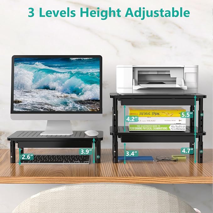 WALI Computer Monitor Stand with Storage, Desk Monitor Riser 3 Height Adjustable, Laptop Riser with Airflow Vents, Desk Organizer for Computer, Laptop, Printer, Notebook (STT003D-B), 1 Pack, Black | 3 Height Adjustable Laptop Monitor Riser with Airflow...