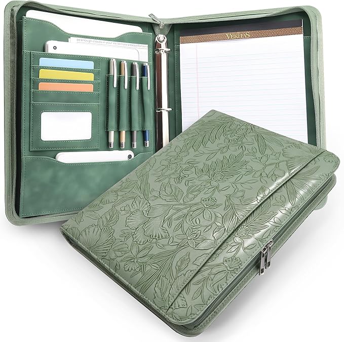 Embossed Faux Leather Zippered Padfolio with 3 Ring Binder, Executive Portfolio Organizer Binder for Women, Fits 13.9" Laptop/Tablet, Refillable Writing Pad Pocket, Green