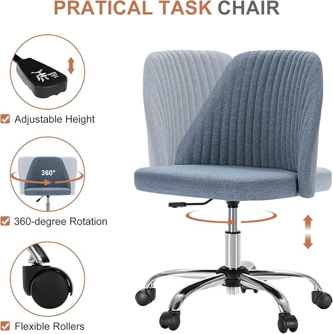 DUMOS Home Office Chair, Comfy Desk Chair with Rolling Wheels | Armless Height Adjustable, Wide Seating, Vanity Swivel Task, Bedroom Student Adults, Blue