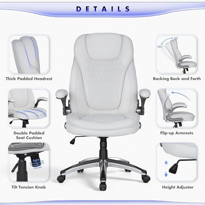 COLAMY Executive Office Chair-Ergonomic Computer Desk Chair, High Back Leather Chair with Padded Flip-up Arms, Swivel Home Office Chair Upgraded Caster, White