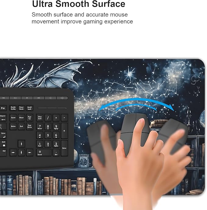 Aesthetic Dragon Gaming Mouse Pad, Black Blue Mystical Desk Mat with Anti-Slip Base & Stitched Edges, Computer Keyboard & Laptop Pad, 35.4" x 15.7" in in Workstation Accessories