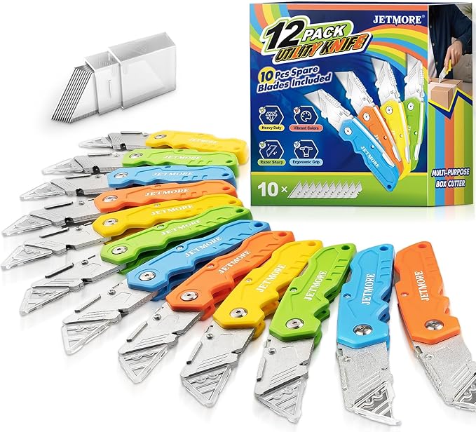 Folding Utility Knife, 12 Pack Heavy Duty Box Cutter with Extra Blades, Utility Knives, Razor Blade Knife, Razor Knife Utility for Cardboard, Carpet, Plastic & DIY