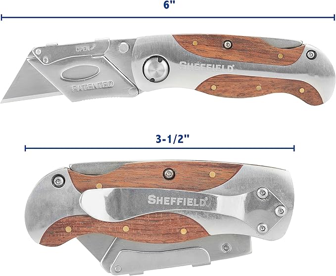 Sheffield 12525 Premium Lock Back Utility Knife 2 Pack, Stocking Stuffers, Gifts for Men, Dad Gifts, Box Cutter Knife, Carpet Knife, Drywall Cutter, Quick Change Blade, Aluminum and Wood Handle