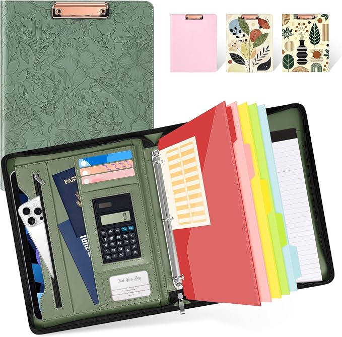 Ospelelf Green Leather Portfolio Binder 3 Ring, Zippered Clipboard Folder with Storage - 5 Dividers with Pocket, Padfolio for Women,12.1” Tablet Sleeve, Refillable Notepad, Card Slot