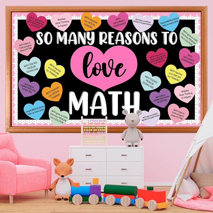 Valentines Day Bulletin Board Decoration Set Conversation Heart Paper Cutout Math Theme Party Supplies Valentine's Day Classroom Decoration Love Math Candy Heart Cutouts for School Wall Decor Supplies