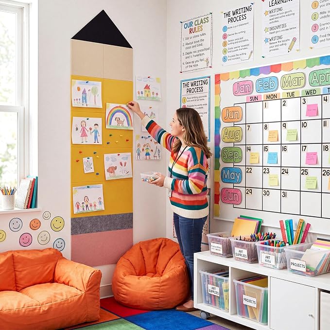 16 Pcs Giant Pencil Felt Bulletin Board Decorations Felt Self Adhesive Pencil Bulletin Board 88.6"x 23.6" with 100 Thumbtacks Wall Decor Supplies for Office Teacher Party Craft Wall Home