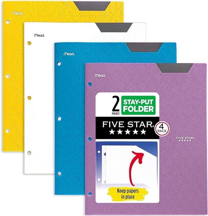 Five Star 2-Pocket Folder, 4 Pack, Plastic Folder with Stay-Put Tabs, Fits 3-Ring Binder, Holds 8-1/2" x 11" Paper, Tidewater Blue, White, Amethyst Purple, Harvest Yellow (38065)