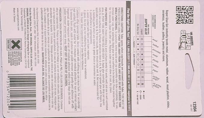 The Original Super Glue Cyanoacrylate Gel, 0.12 Oz Each, 2 Tubes