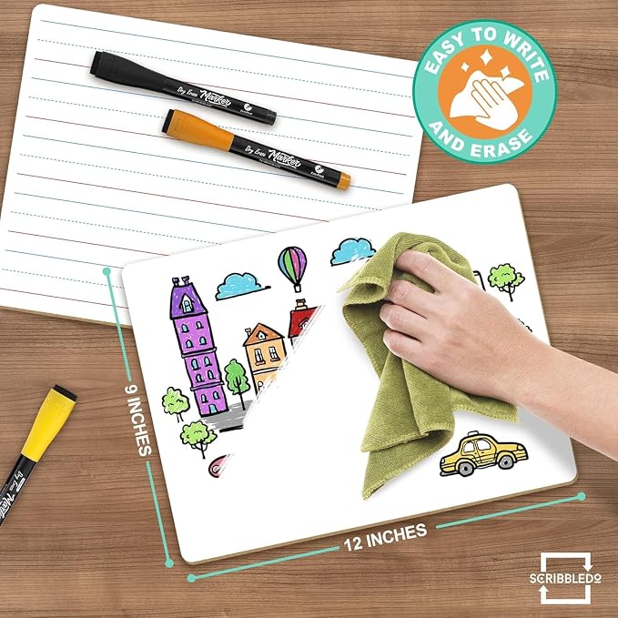 Scribbledo 2 Pack Small Lined Dry Erase Board Kids, 9x12 Double Sided | Value Set of 2, Portable Surface for Handwriting Practice, Classroom and Office Supply, Easy to Clean, Robust