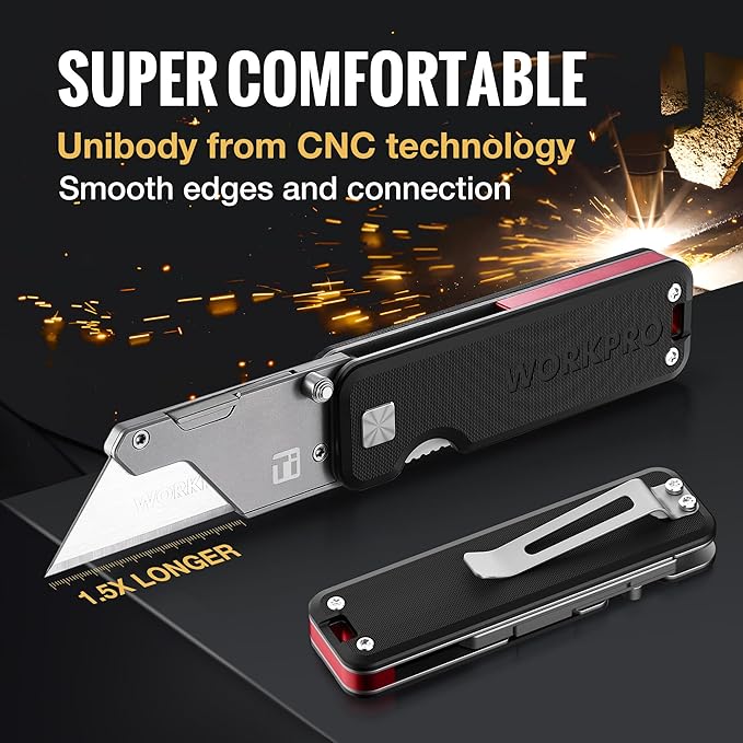 WORKPRO Premium Titanium Utility Knife, CNC Unibody, Lightweight G-10Handle Folding Box Cutter, Quick Change Blade Razor Knife,Ideal Gifts for Men Women, with 10 Extra Blades