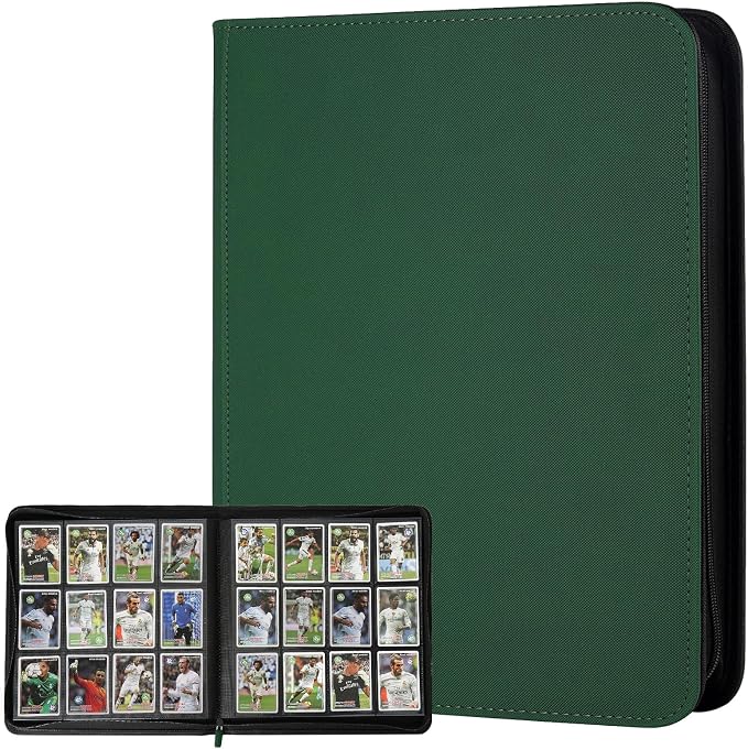 12 Pocket Ringless Side Loading Trading Card Binder, 720 Cards PU Fixed Page Zipper Card Album for TCG Sports Game Cards, Not Fit Top Loaders (Dark Green)