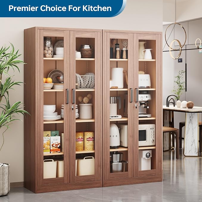 PEUKC Display Cabinet with Glass Doors, 71 Inches Metal Display Case with 4 Adjustable Shelves, Curio Storage Cabinet with Lock for Home, Office, Book, Pantry, Assemble Required (Wood Color)