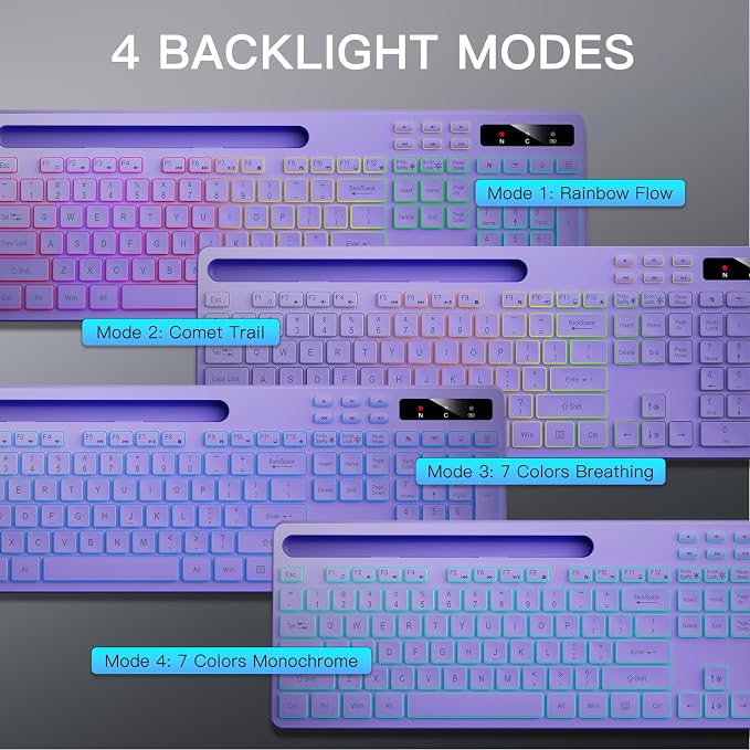 Soueto Wireless Keyboard with 7-Color RGB Backlit, Full-Size Computer Keyboard with Phone Tablet Holder, 2.4G Rechargeable Gaming Keyboard with Light Up Keys, Compatible with Mac, Windows (Purple)