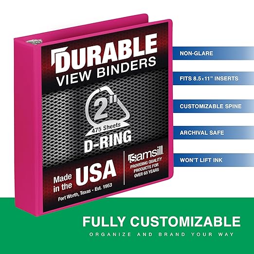 Samsill Durable 2 Inch Binder, D Ring Binder, Customizable Clear View Cover, Magenta, Holds 475 Pages