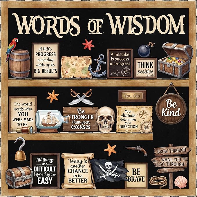 Mooliwe 57 Pcs Pirate Bulletin Board Set Inspirational Classroom Decor | Treasure Map Cutouts, Motivational Signs, Adventure Theme for School Office Chalkboard Door Wall, Summer Sets