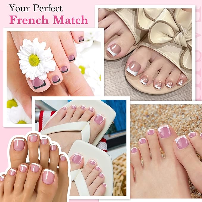 Toe Nails Press On French Tips for Women, 15 Sizes 150 Pcs Sharp Square Pre-applied Primer & Base Coat Toenail Press Ons Baby Pink Full Cover Fake Tips Extension