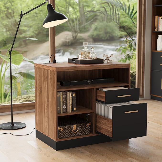 2 Drawer Lateral File Cabinet with Lock for Home Office | Filing Cabinet for A4 / Letter Documents, 31.5"W * 19.5"D * 29.5"H, Credenza w/ Built-in Power Outlet, Printer Stand