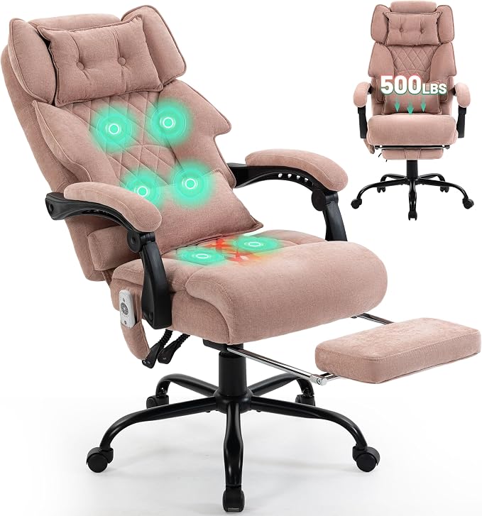 Massage Office Chair with Foot Rest,6 Points Vibration & Heat Executive Office Chairs for Heavy People,500LBS Big and Tall Office Chair,Ergonomic Reclining Desk Chair, PinkCloth