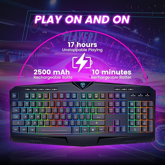 Wireless Keyboard, Rechargeable RGB Backlit Wireless Gaming Keyboard with Wrist Rest, Silent Keys, Multimedia Keys, Anti-ghosting, Full-Size Waterproof Light Up Keyboard for PC Mac Xbox Gamer