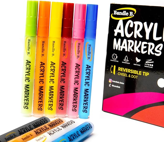 Bandle B. Acrylic Paint Markers – Set of 18 Paint Pens for Art, Fabric, Coloring, and Journaling–Quick-Drying, Waterproof, Non-Toxic, Reversible Chisel-Dot Tip