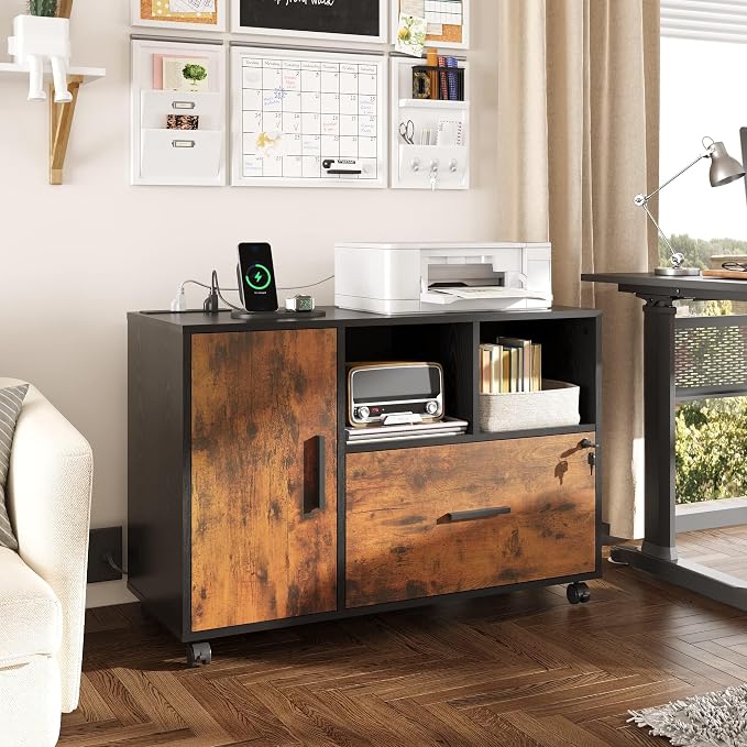 DEVAISE File Cabinet with Charging Station, 1 Drawer Rolling File Cabinet, Locking Filing Cabinet for Home Office, Wood Printer Stand with Storage, Rustic Brown | Locking & Charging Station, Lateral Rolling Filing Cabinet, Doors and Shelves, Fits Legal...