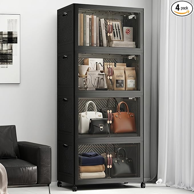 Stackable Storage Bins with Lids, 440QT Lockable Storage Cabinet | Closet Organizers, Foldable Storage Box with Doors and Wheels, Plastic Drawers for Home, Garage, Office (4, Black, Plus)