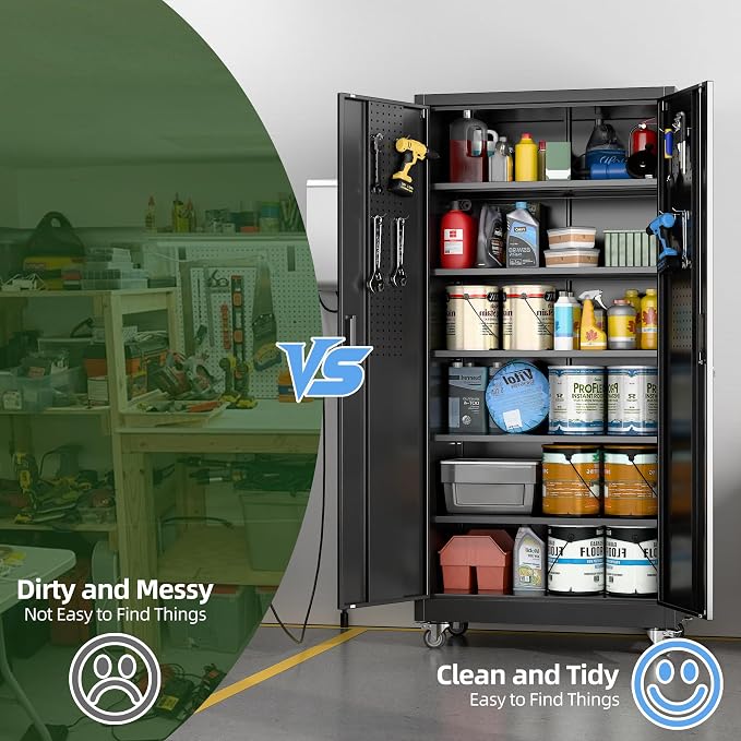 71" Metal Storage Cabinet, 34" W x 18" D, Wheels and Pegboard | Required assembly; 34"W x 18"D steel cabinet with 5 adjustable shelves, 4 casters, door pegboard, hooks, and 3-point lock.