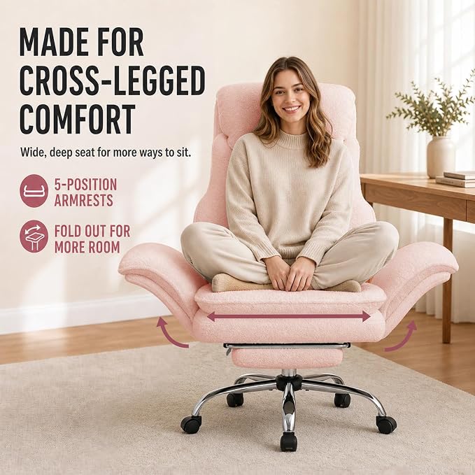 Criss Cross Office Chair with Wheels,Flip-Up Arms and Footrest, Pink | Cross Legged Office Chair, 30" Wide Seat, 7.87" Teddy Fleece Cushion, 155° Recline, 400 lb, Home Office or Vanity