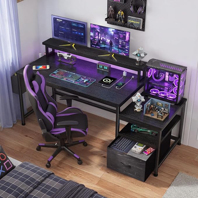 EnHomee 56.5" Office Desk with Drawers & Printer Space for Home Work,Black | Computer Desk with 3 AC Outlets& 2 USB Ports,40"*7" Long Monitor Stand,Side Pockets with Storage Space,Home Office,Bedroom