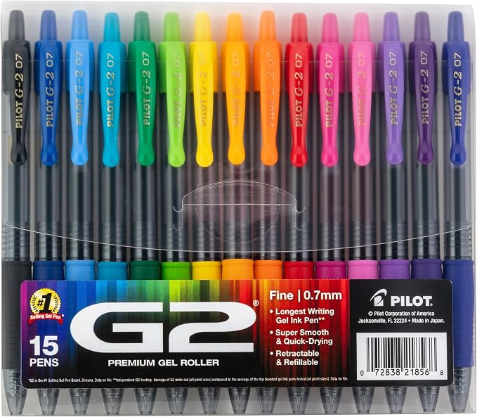 PILOT G2 Gel Roller Pens, G2 Rainbow Colors Pack, 15 Pack Pouch, Assorted
