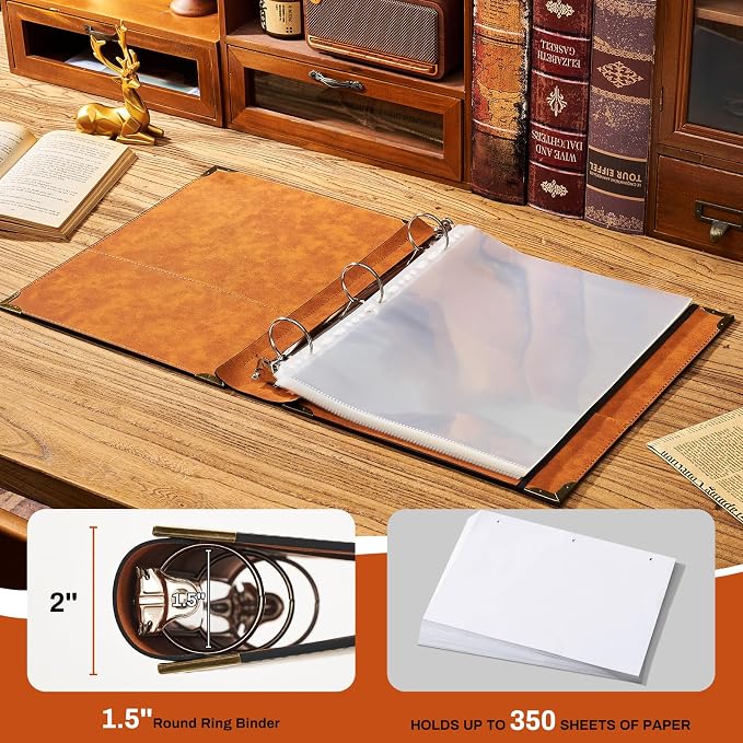 Ovesmusl PU Leather 3 Ring Binder 1.5 Inch Fits 8.5"x11" Letter Size Paper | 1.5 Inch Round Ring Binder Holds 350 Sheets, Notepad Paper Cover Loose Leaf Organizer, Black Tree