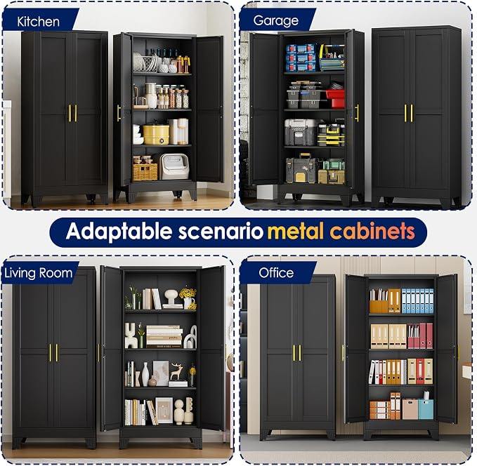 erosoei 61" H Metal Garage Storage Cabinet, Black Metal Pantry Cabinet with 3 Doors, Locker Steel Cabinet with 3 Adjustable Shelves, Freestanding Cupboard for Garage,Office,Home,Gym,School