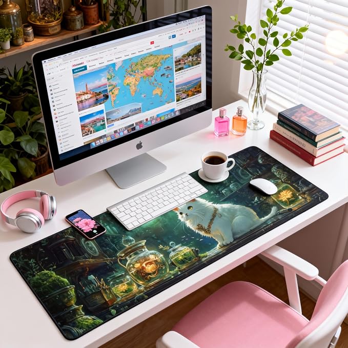 Cute Anime White Cat Gaming Mouse Pad, Forest Green Mystical Desk Mat with Anti-Slip Base & Stitched Edges, Office & Home Desk Decor for Women, 35.4" x 15.7" in Computer Desktop Mat
