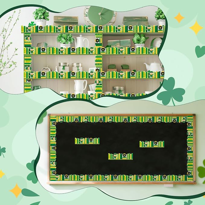 BeYumi Shamrock Bookshelf Border Trim - 65ft St Patrick's Day Green Books Rolled Border Trim Green Shamrock Bookshelf Bulletin Board Set Library Classroom Office Chalkboard Home Wall Party Decoration