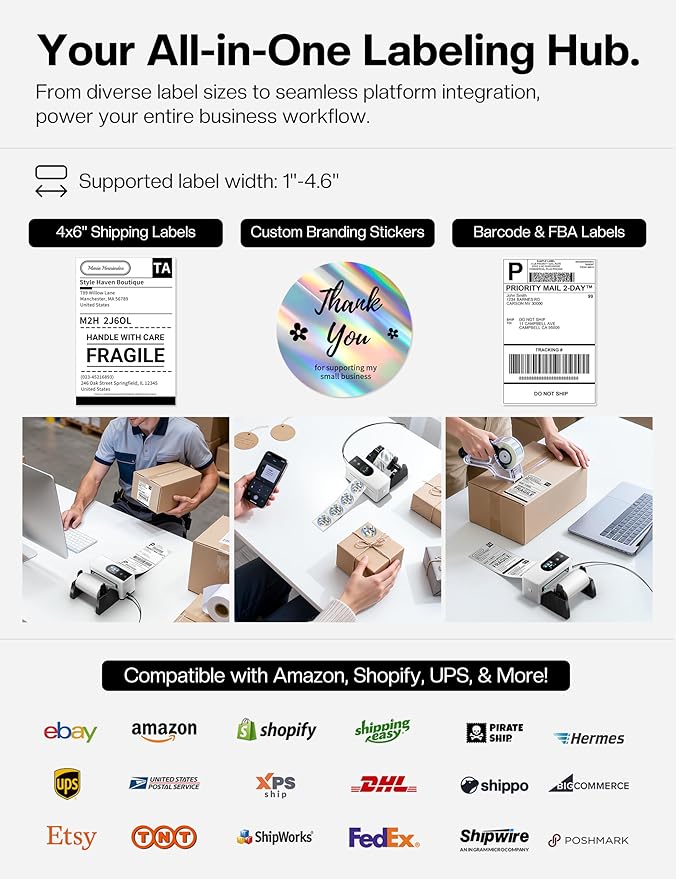 Phomemo 4x6 Shipping Label Printer with Touch Screen, Wireless Bluetooth Thermal Printer for Small Business & Packages, Compatible with Amazon Shopify UPS USPS, Support Android iOS Windows Mac