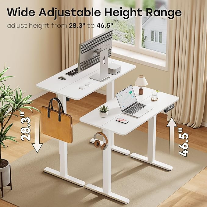 Small Standing Desk, 40" ×20" Electric White Standing Table, Height Adjustable Compact Sit Stand Desk with Splice Board, Home Office Table with 2 Hooks