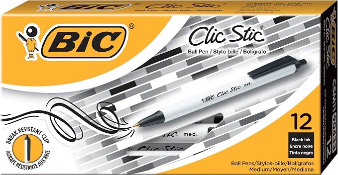 BIC Clic Stic Black Ballpoint Pens, Medium Point, 1.0mm, 12-Count | Retractable Design, Round Barrel for Comfort, Break-resistant Plastic Clip, Ideal for Work, School or Home, Smooth Ink Flow