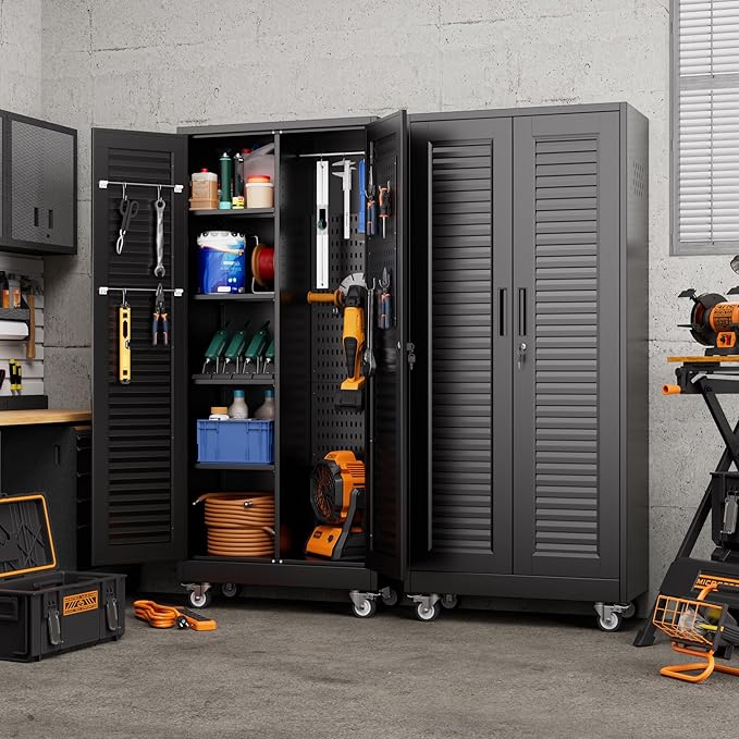 Aobabo Lockable Metal Storage Cabinet with 4 Adjuatable Shelves,Garage Storage Cabinet with Wheels and 5 Remove Pegboard,Required Assembly,Black,70.87''H*31.5''W*15.75''D