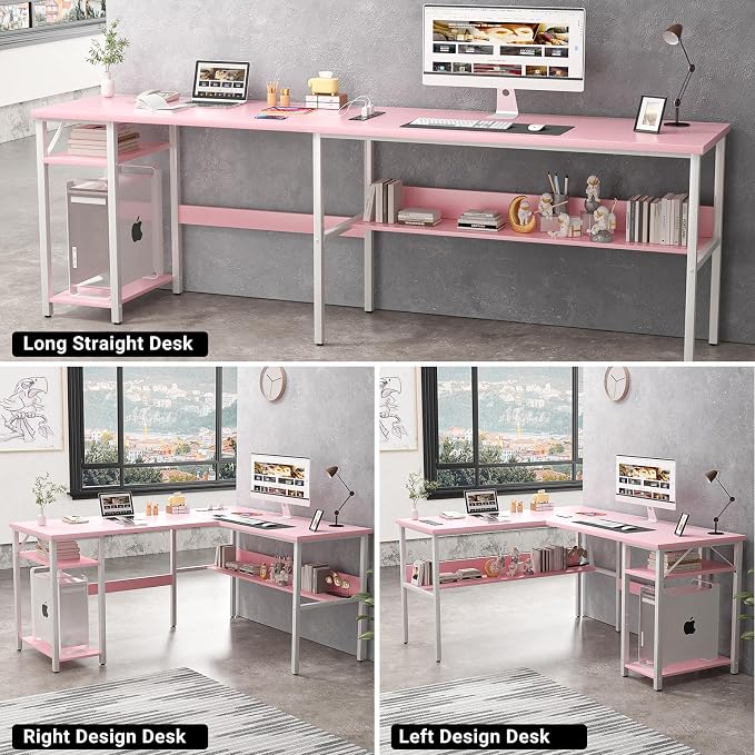 Unikito Reversible L Shaped Desk with Magic Power Outlets and USB Charging Ports, Sturdy Corner Computer Desk with Storage Shelves, Gaming Table Home Office Desk, Easy to Assemble, Pink