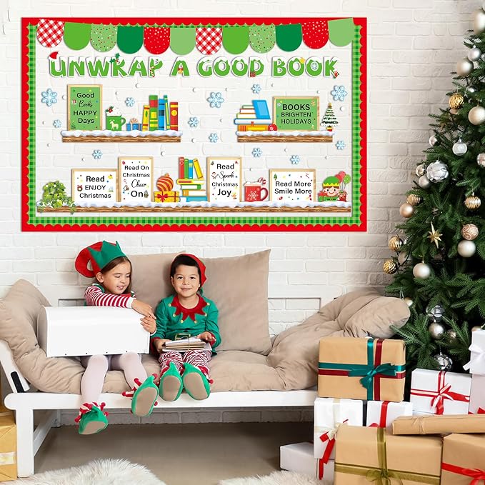 Christmas Bookshelf Bulletin Board Set Unwrap A Good Book Motivational Classroom Decor Reading Library Positive Paper Cutouts Red Green Bulletin Board Border for School Holiday Party Decor Supplies