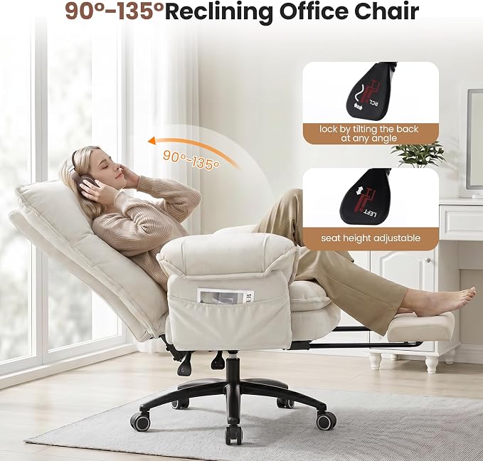 Criss Cross Office Chair with Flip Arms & Footrest, Comfy Desk Chair,Beige | Cross Legged Office Chair, Wide Seat Reclining Desk Chair with Wheels, Vanity Chair with Pocket Spring Seat and Side Pockets