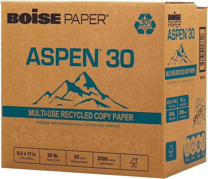 BOISE ASPEN 30% Recycled Multi-Use Copy Paper, 8.5" x 11" Letter, SPLOX Speed Loading Reamless Easy Carry Box, 92 Bright White, 20 lb. (2,500 Sheets)