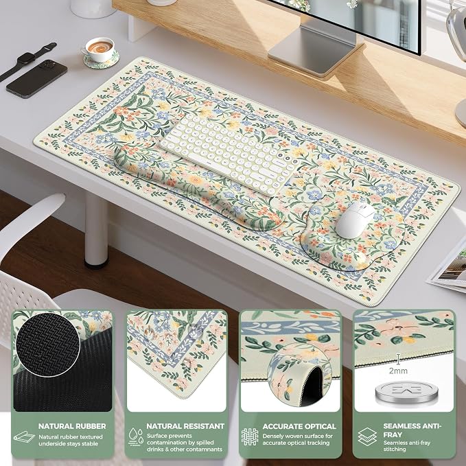 iCasso Green Desk Pad Mat, Large Mouse Pad and Keyboard Wrist Rest Set, Desk Protector Mat,4in1 Ergonomic Carpal Tunnel Keyboard Pad with Wrist Support for Desktop Cover Home Office Computer