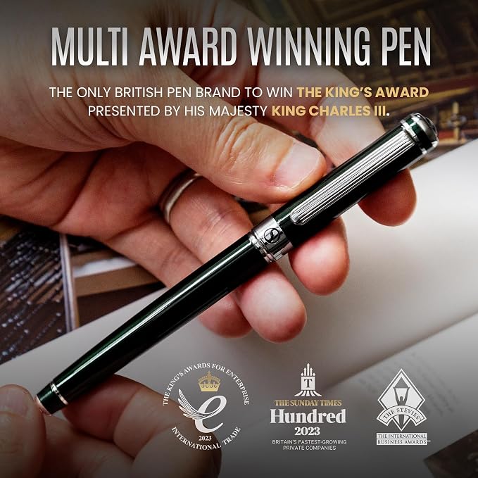 Scriveiner Black Green Rollerball Pen - Stunning Luxury Pen, Chrome Finish, Schmidt Ink Refill, Best Roller Ball Pen Gift Set for Men & Women, Professional, Executive Office
