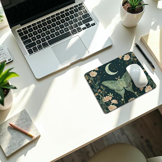 Moody Gothic Moth Mouse Pad, Dark Contemporary Botanical Flower Mousepad for Desk Home Office Dorm Computers Laptop, Witchy Aesthetic Office Supplies Desk Accessories, 9.5x7.9 Inch